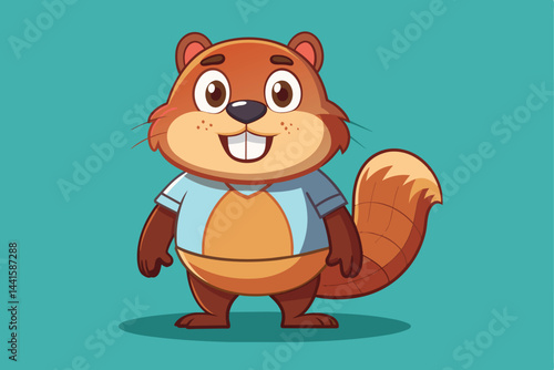 The cartoon beaver has an expressive face and stands confidently, showcasing its brown fur, large fluffy tail, and light blue shirt against a teal backdrop.