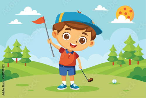 A young boy with a big smile waves a flag while standing on a miniature golf course, surrounded by lush greenery and a bright, cheerful sky.