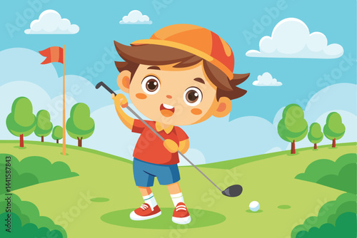 A young boy in a bright red shirt and cap is happily swinging a golf club on a sunny day, enjoying the serene outdoor course with lush greenery.