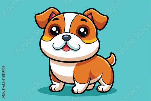 A playful cartoon dog with a distinct orange and white coat stands against a bright blue backdrop, exuding an adorable charm and friendly personality.