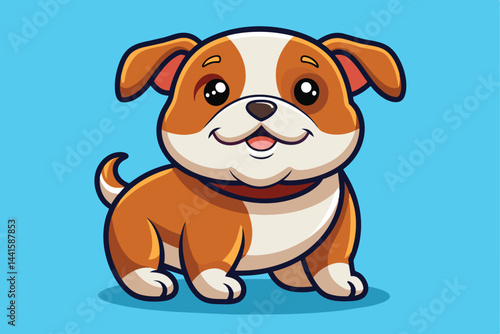 This playful cartoon dog has a friendly expression and distinctive brown and white markings. Its tail wags joyfully in a bright blue setting, conveying a sense of happiness.