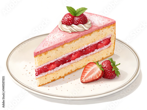 Delicious strawberry cake slice with cream and fresh berries on plate