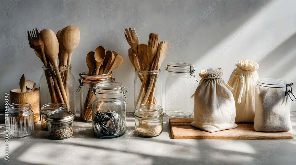 Bright Zero Waste Kitchen with Rows of Refillable Glass Jars