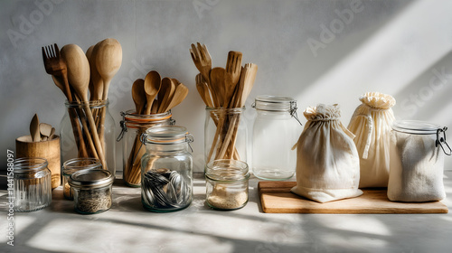 Obraz na płótnie Bright Zero Waste Kitchen with Rows of Refillable Glass Jars w salonie