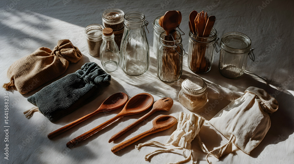 Bright Zero Waste Kitchen with Rows of Refillable Glass Jars