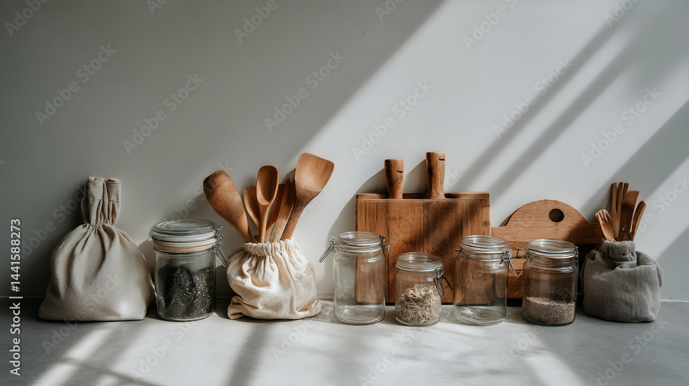 Bright Zero Waste Kitchen with Rows of Refillable Glass Jars