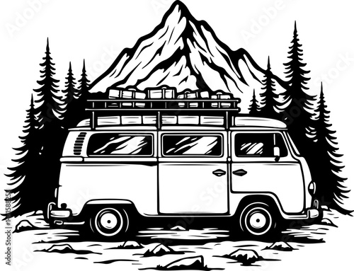 Vintage Camper Van in Mountain Forest Adventure Illustration