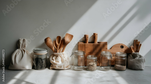 Obraz na płótnie Bright Zero Waste Kitchen with Rows of Refillable Glass Jars w salonie