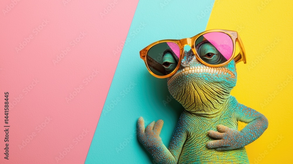 Fototapeta premium Happy birthday or summer celebration card with a playful chameleon, rocking sunglasses and a goofy expression on a vibrant pastel background.