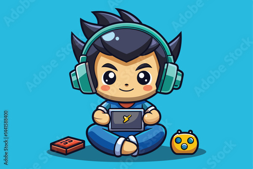 The young boy enjoys his gaming time, focused on the tablet in his hands while surrounding himself with playful gaming equipment on a bright blue backdrop.