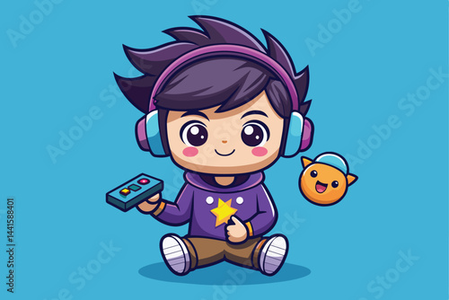 A young child enjoys gaming, holding a game controller and smiling. Colorful headphones add to the fun, complemented by a friendly animated character nearby.