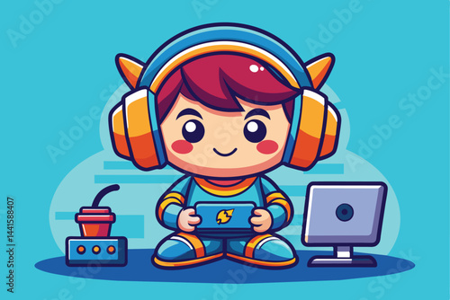 A cartoon character smiles while engaging with a handheld gaming device, surrounded by a computer and gaming accessories in a colorful setting.
