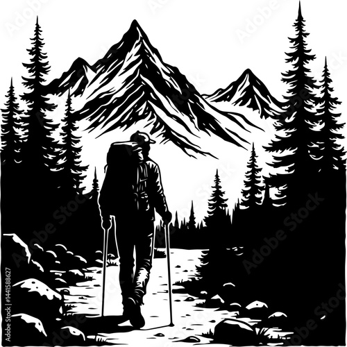 Lone Hiker in Mountain Wilderness Adventure Silhouette Illustration
