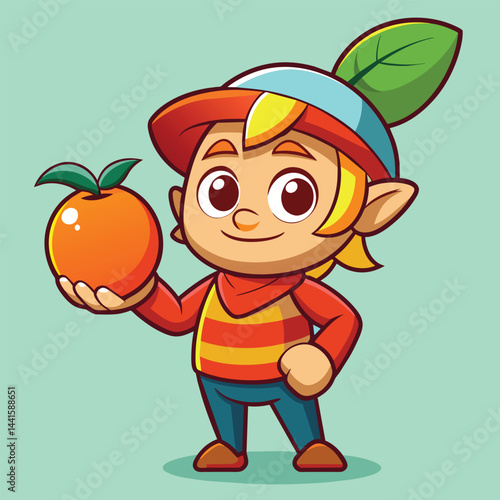 A joyful character with a bright orange in hand stands confidently, showcasing a playful outfit with stripes and a distinctive hat in a vibrant setting.