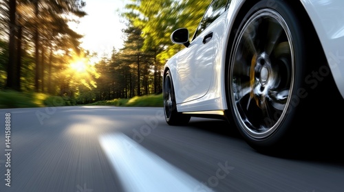 A white sports car speeds along a scenic country road at sunset. Lush green trees line the roadway.  The car's wheels and sleek design are highlighted by the sunlight