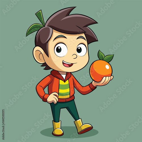 A cheerful cartoon boy with a playful expression holds a bright orange in one hand while standing against a solid green background, promoting healthy eating and fruit enjoyment.