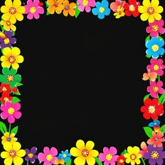 Colorful floral border frame with vibrant pink yellow red purple blue and orange flowers on a black background perfect for invitations and designs