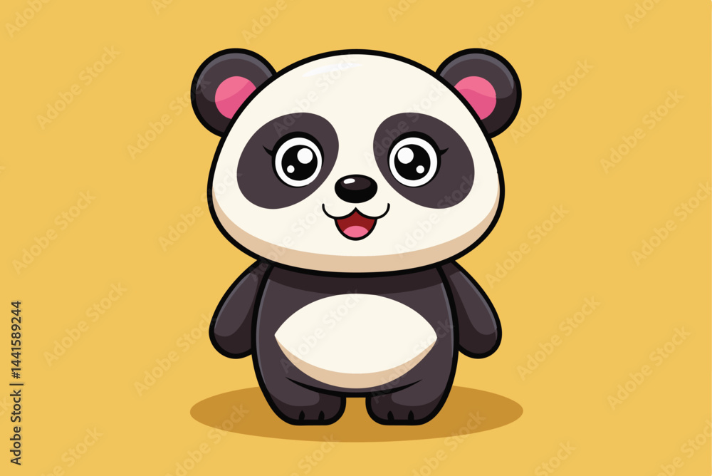 Naklejka premium A cheerful cartoon panda with big eyes and a friendly expression stands against a vibrant yellow background, making it ideal for kids' illustrations or playful designs.