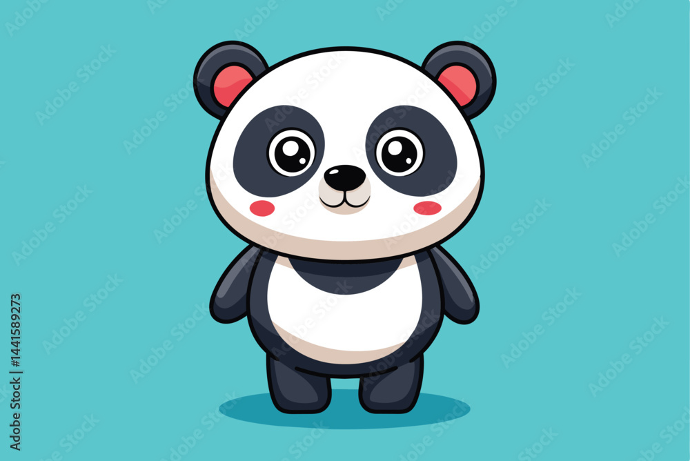 Naklejka premium A charming cartoon panda character stands with a joyful expression, featuring black and white fur patterns on a soft blue background, appealing to all ages.