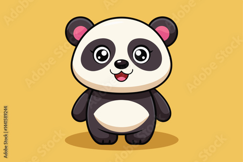 A cheerful cartoon panda with big eyes and a friendly expression stands against a vibrant yellow background, making it ideal for kids' illustrations or playful designs.