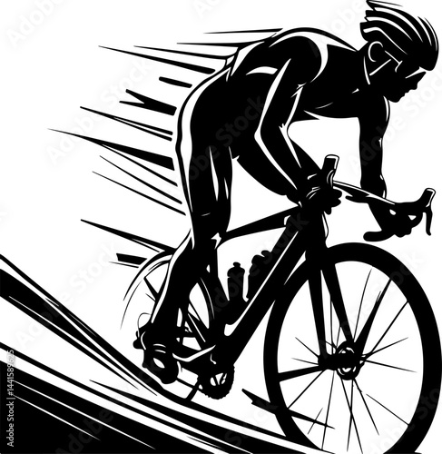 Mountain Cyclist Riding Road Bike Black Vector Illustration