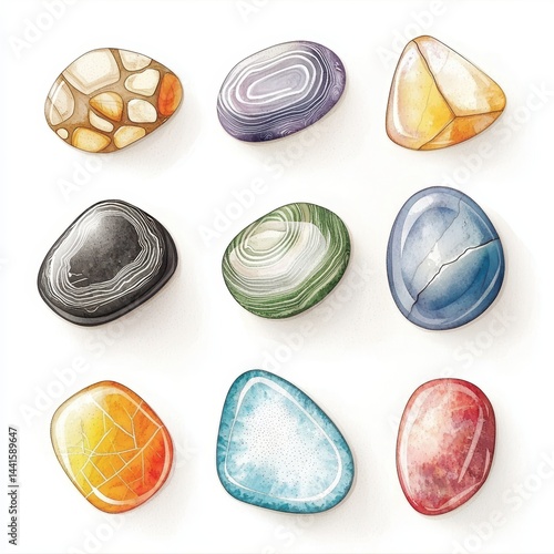 A collection of nine colorful, polished gemstones arranged in a neat grid on a white background.