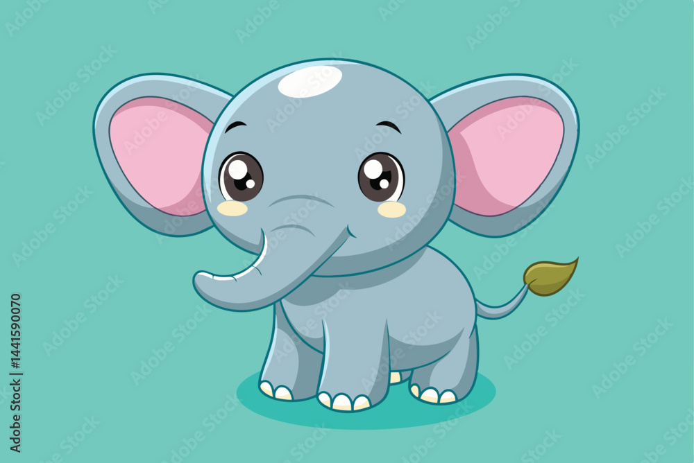 Fototapeta premium A playful cartoon elephant with large ears and a cheerful expression stands on a teal background, perfect for children's books or educational content.