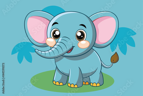 A cheerful cartoon elephant with large ears and a smiling face stands on green grass, surrounded by colorful foliage and a bright blue background.