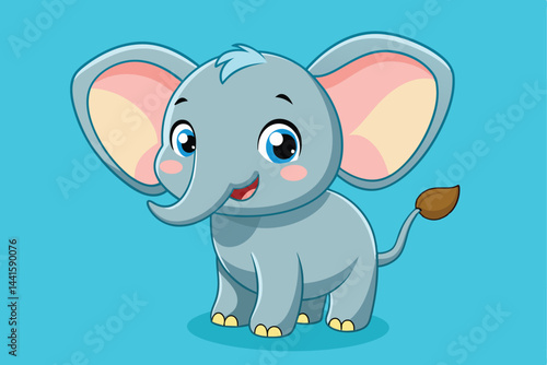 A cheerful cartoon elephant stands with a friendly smile, showcasing large ears and a playful stance against a vibrant blue background, perfect for kids' illustrations.