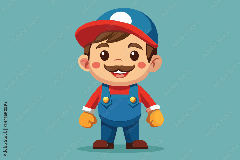 A lively young character with a mustache and bright attire poses confidently, wearing blue overalls and a red cap, radiating joy and playfulness in a vibrant setting. A lively young character with a mustache and bright attire poses confidently, wearing blue overalls and a red cap, radiating joy and playfulness in a vibrant setting.