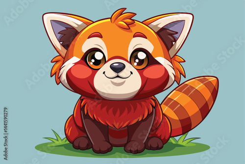 A cheerful red panda with bright orange and brown fur sits on lush green grass. Its large eyes express joy, and its bushy tail curls playfully behind it.