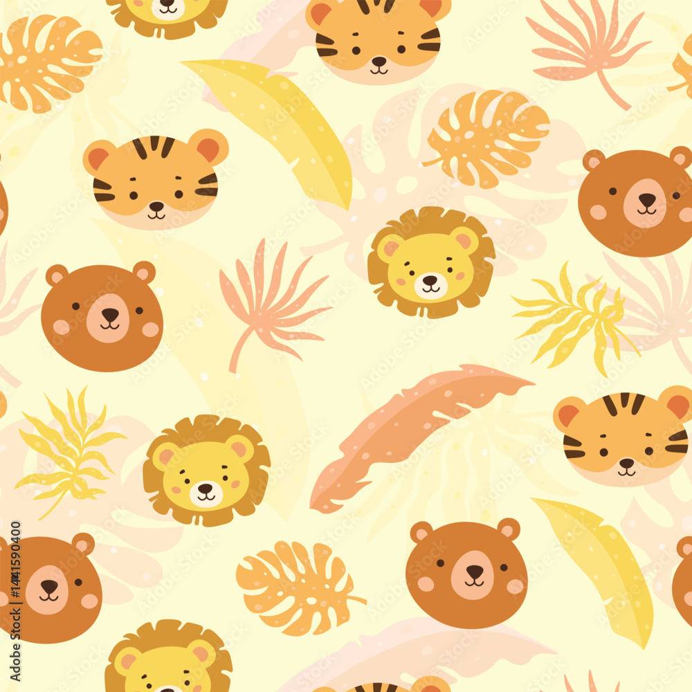 Fototapeta premium kids seamless pattern, cute forest animal lion tiger bear tropical leaves seamless pattern, paper, textile, fabric, packaging - vector illustration, baby, child