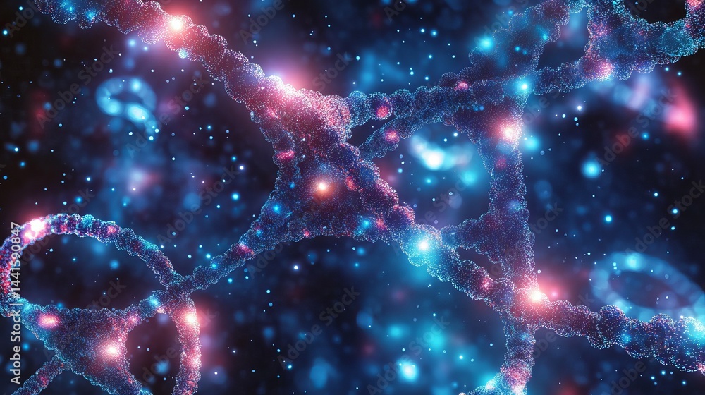Obraz premium Abstract dna strand visualization blue pink glowing particles science background red cell dark helix