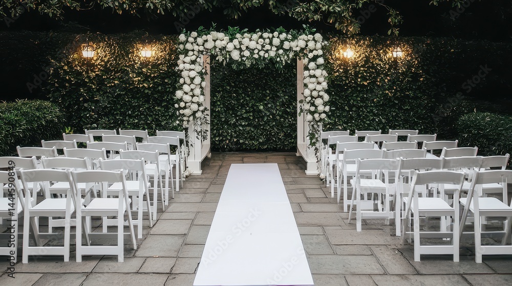Elegant Wedding Ceremony Setup Under a Floral Gazebo Surrounded by Lush Greenery in Spring Season