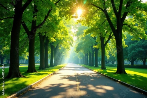 Sun-drenched Park Avenue, lush green canopy, summer vibrancy , beauty, green space, peaceful