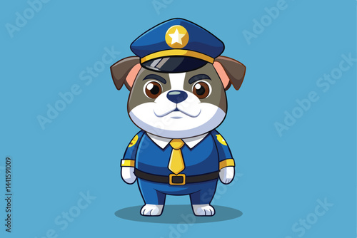 A cheerful cartoon dog, wearing a police officer uniform with a cap and badge, stands proudly on a bright blue background, exuding a friendly and approachable vibe.
