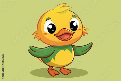 A cartoonish yellow duckling with bright eyes and green wings joyfully stands with its arms open, showcasing a playful and friendly demeanor on a simple green backdrop.