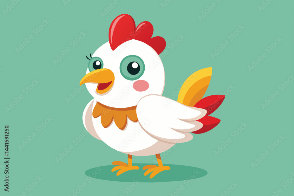 A charming cartoon chicken with bright feathers displays a cheerful expression, showcasing vivid colors on its wings and tail in a playful design. A charming cartoon chicken with bright feathers displays a cheerful expression, showcasing vivid colors on its wings and tail in a playful design.