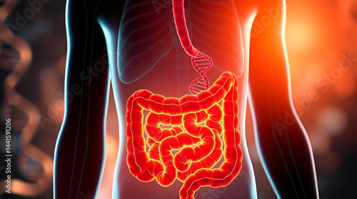 Human silhouette with visible colon and DNA strands, highlighting genetic predisposition to colorectal cancer, health, awareness