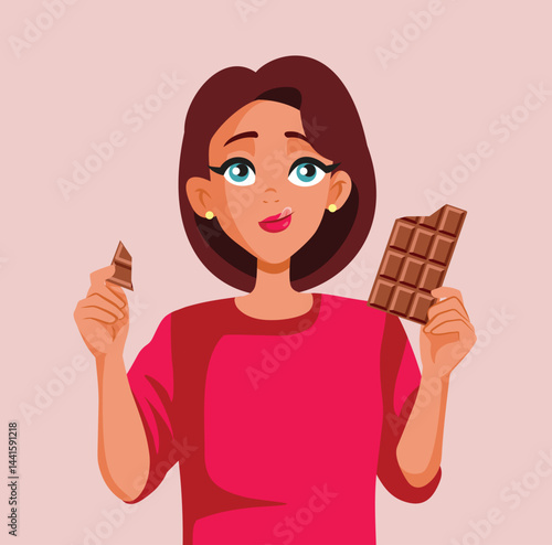 Woman Eating a Chocolate Bar Vector Cartoon Character. Girl giving in to the temptation to eat too much sweets 
