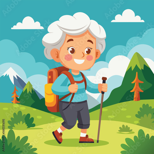 A cheerful elderly person enjoys hiking in a colorful landscape surrounded by mountains and trees, showcasing a love for nature and adventure.