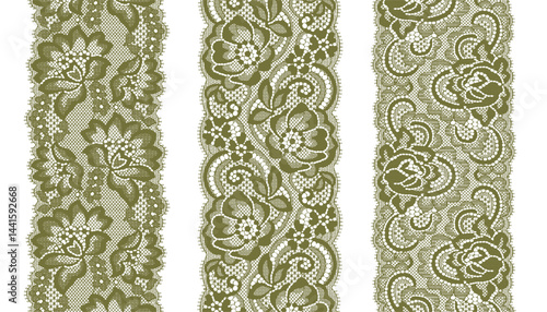 Set of three narrow grass green lace trims with large floral pattern, oppositely arranged.