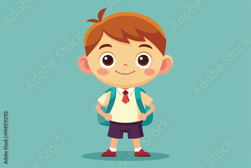 A young boy with short brown hair and bright eyes smiles widely while wearing a white shirt and shorts, showcasing his enthusiasm for the school day ahead.