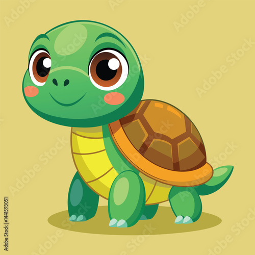 A cheerful cartoon turtle with bright green skin and a patterned shell stands happily, radiating a sense of innocence and charm perfect for children's illustrations.