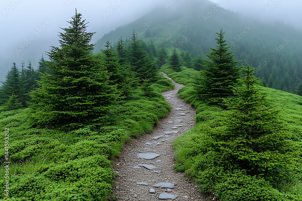 Fototapeta premium Misty mountain path winding through lush greenery.
