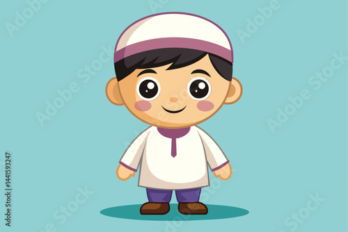 The young boy, dressed in a simple yet traditional outfit, showcases a joyful expression while standing against a light blue backdrop, highlighting his innocence and cultural heritage.