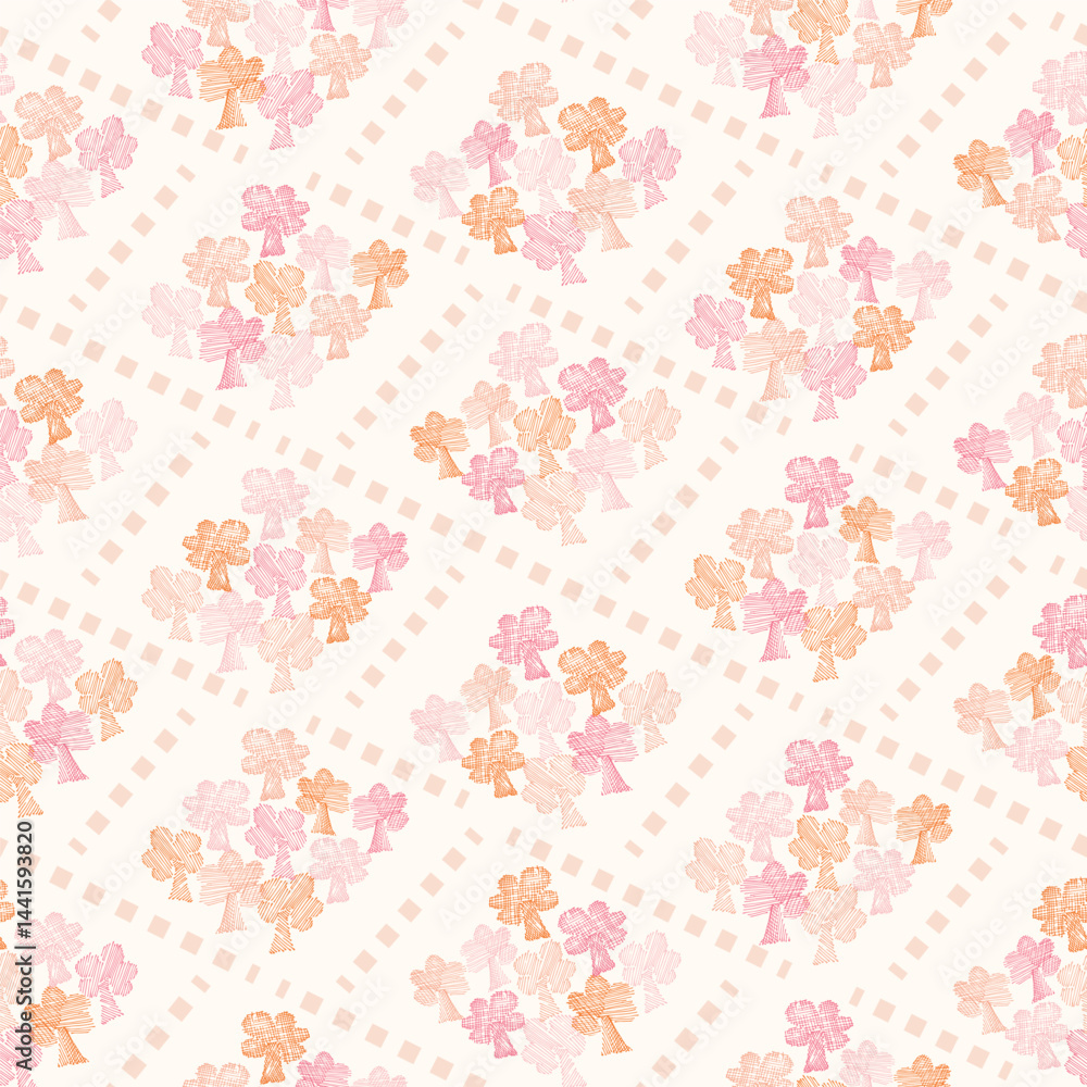 Hand drawn crosshatched trees and scattered countryside crossroads in colors of orange, pink and cream on off white background. Seamless vector pattern. Great for homedecor, fabric, wallpaper,giftwrap Hand drawn crosshatched trees and scattered countryside crossroads in colors of orange, pink and cream on off white background. Seamless vector pattern. Great for homedecor, fabric, wallpaper,giftwrap