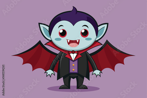 A playful cartoon vampire with a bright smile, wearing a classic black suit and red cape, stands against a purple backdrop, ideal for festive occasions and Halloween celebrations.
