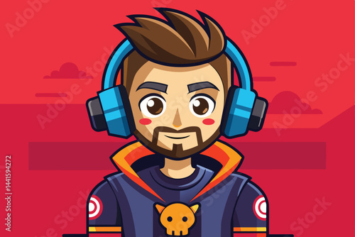 A young man wearing headphones and a hooded jacket with a skull emblem showcases excitement while engaging in gaming, surrounded by bold colors.
