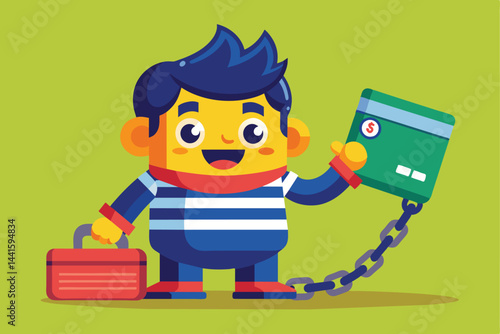 A happy cartoon character cheerfully displays a credit card connected to a chain, standing beside a toolbox on a vibrant green background, suggesting themes of financial awareness.